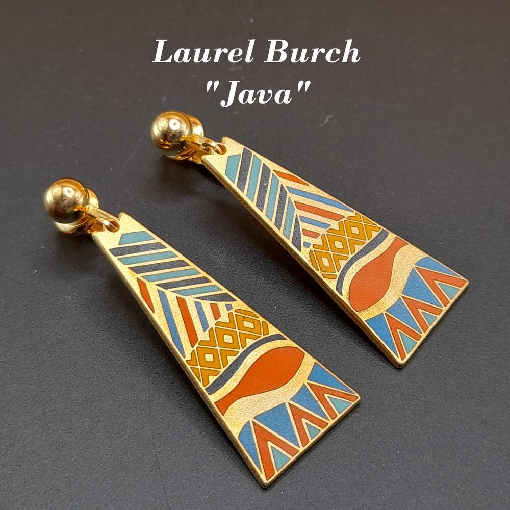 Laurel Burch "Java" Geometric Clip Earrings, Gold Plated Cloisonne Enamel, 1980s